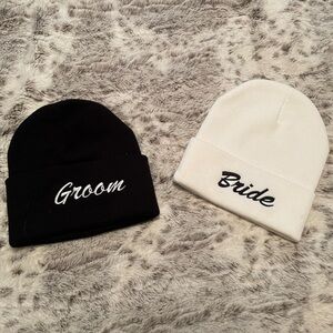 Black and White Bride and Groom Beanie Set